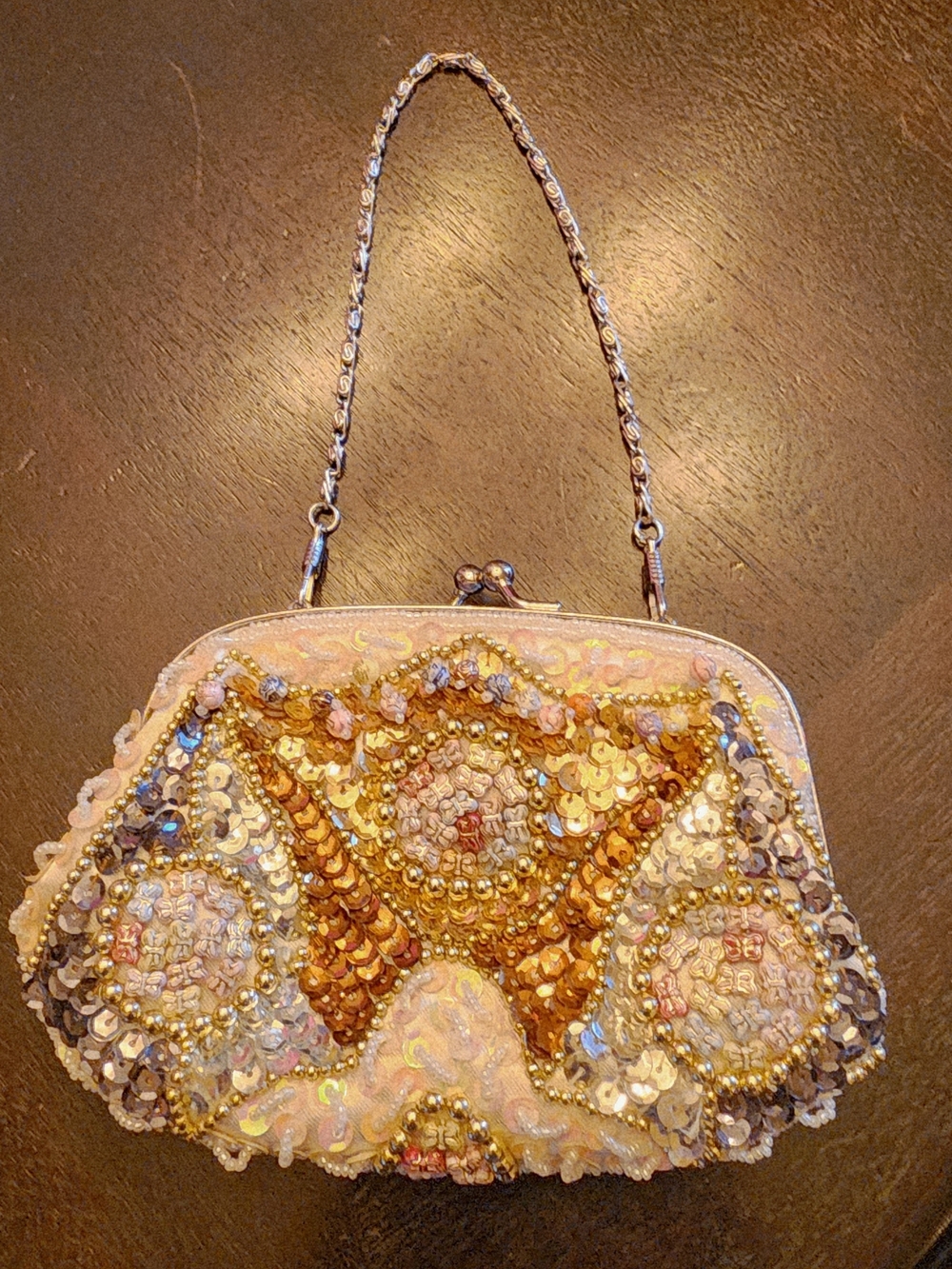 Beaded Sequined Evening Clutch Handbag - Gold & Cream